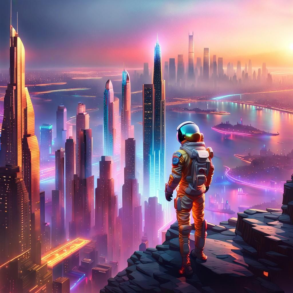 Ethereal Astronaut Gaze Over Futuristic Cityscape in Vibrant...