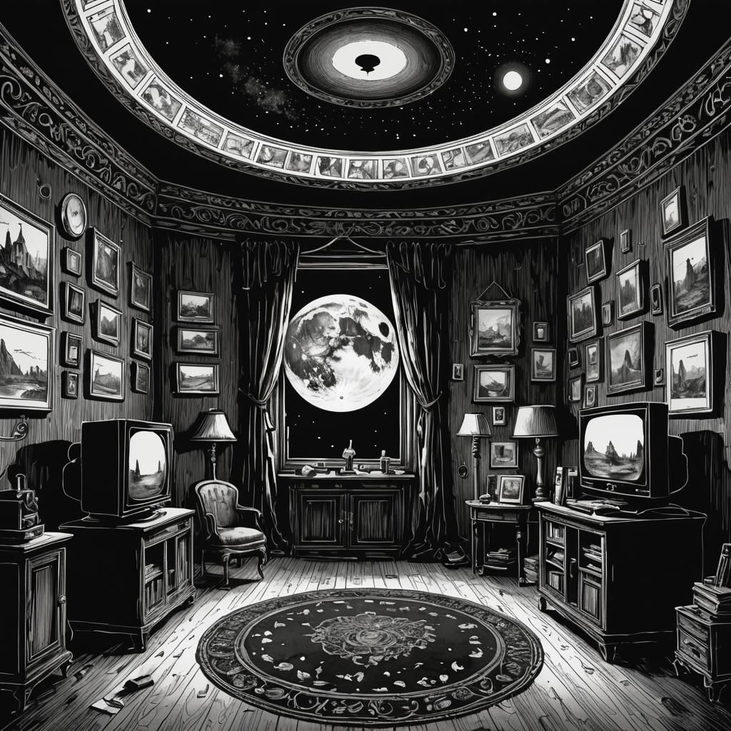 Enchanting Ink Illustration of Television in Dark Room