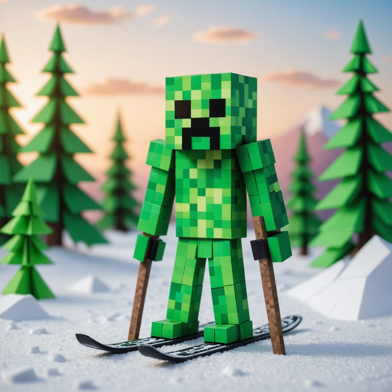 Minecraft Creeper on Skis in Origami Style