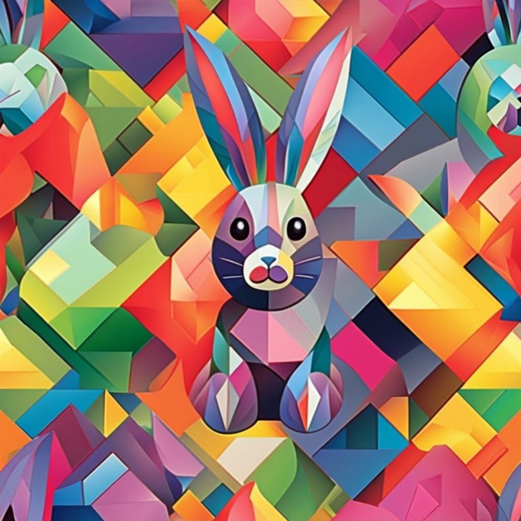 Rainbow Cubist Metal Bunny Sculpture