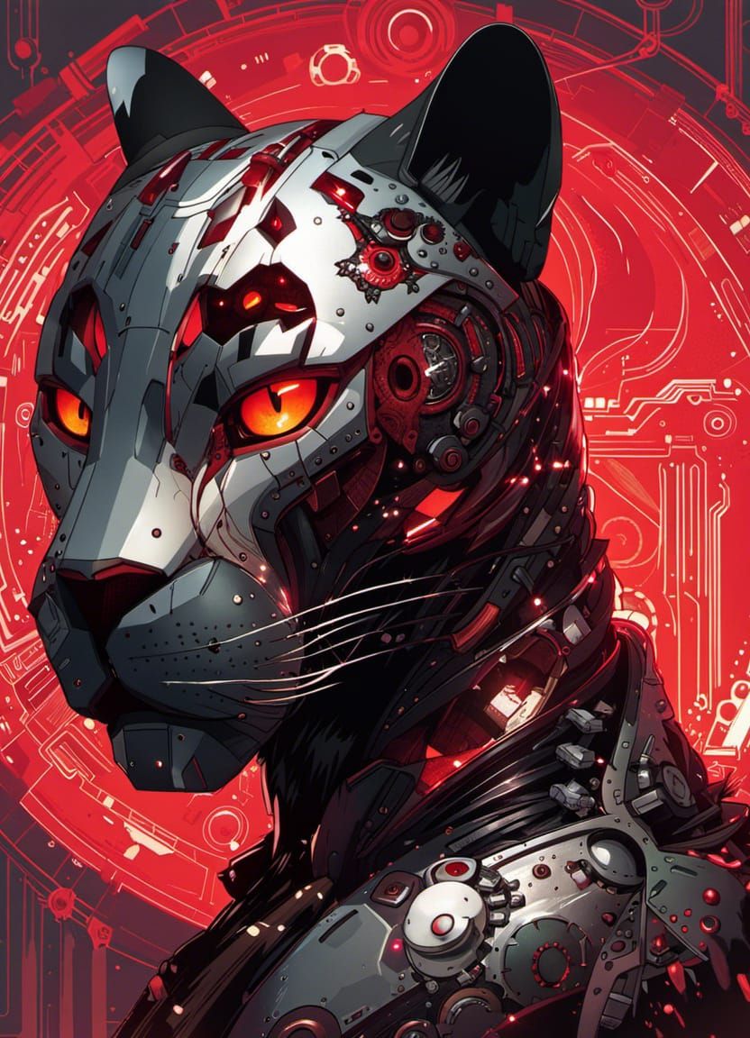 Cyborg Panther Portrait with Luminescent Particle Effects