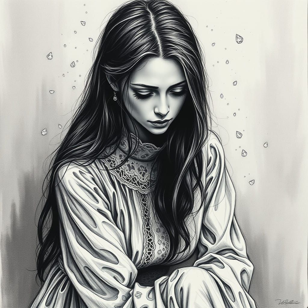 Contemplative Woman in Charcoal and Water Droplets