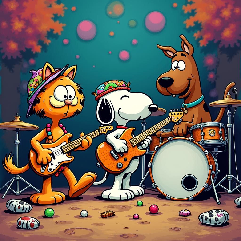 Snoopy, Garfield, and Scooby Doo in Reggae Band