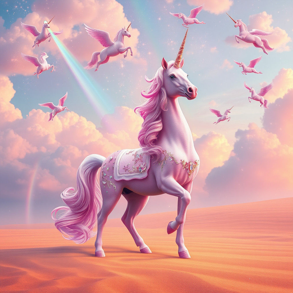 Pastel Unicorns and Pegasus with Falling Gems