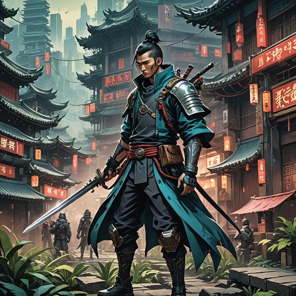 Cyberpunk Swordsman in Ancient China Fusion