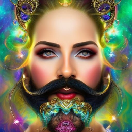 Mustachioed Goddess Portrait in Psychedelic Fantasy Style