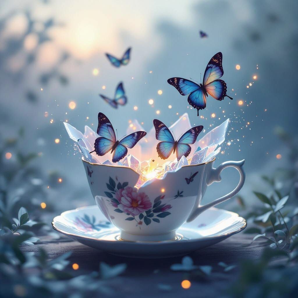 Shattered Teacup Releases Butterflies into Misty Dawn