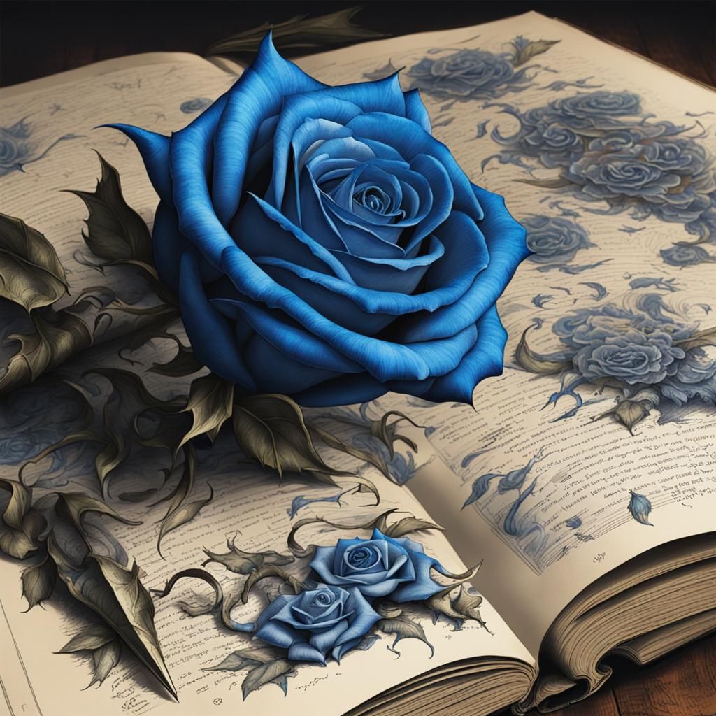 Blue Roses on Ancient Tome with Mythical Drawings