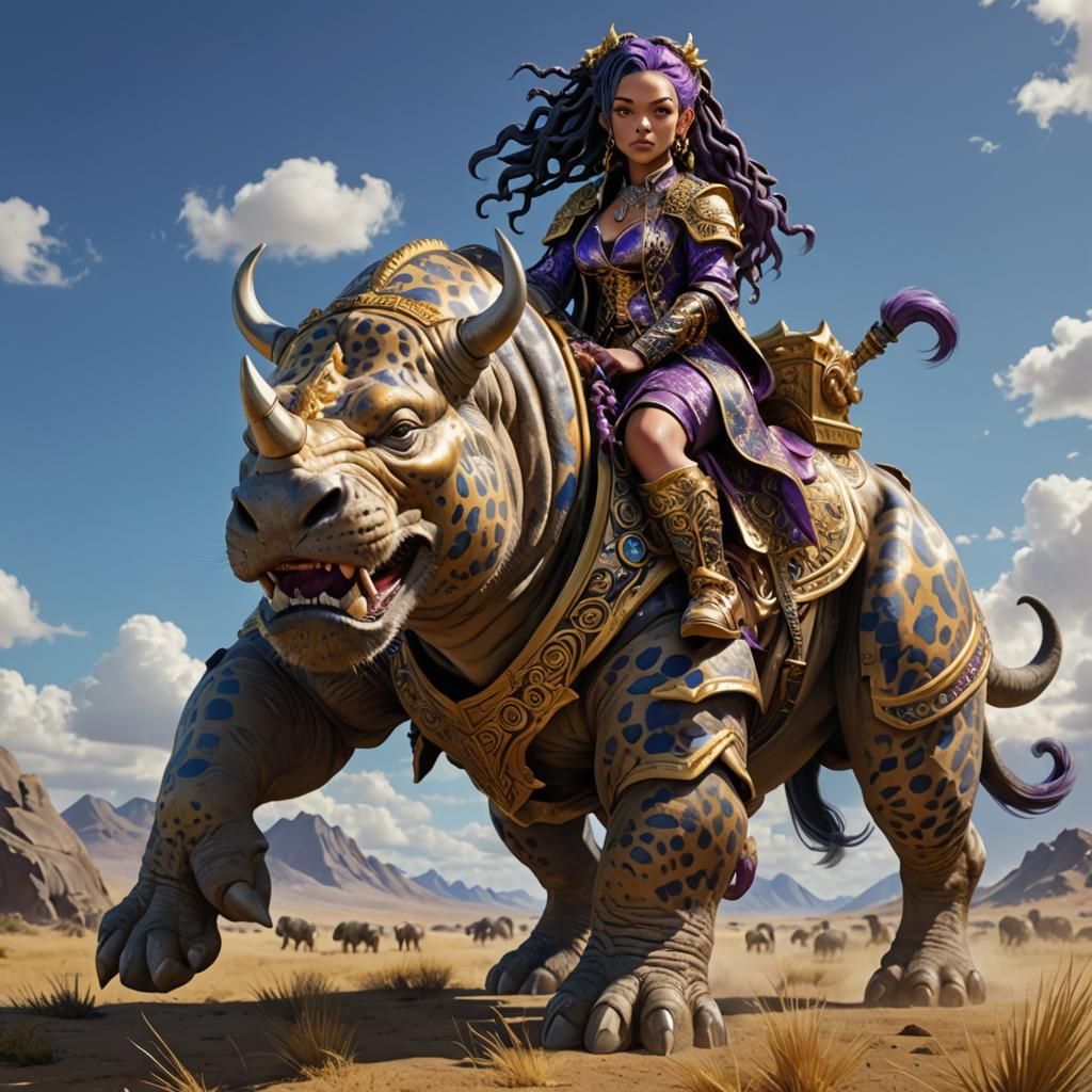 Armored Dwarf Rides Tattooed Rhino in Anime Style