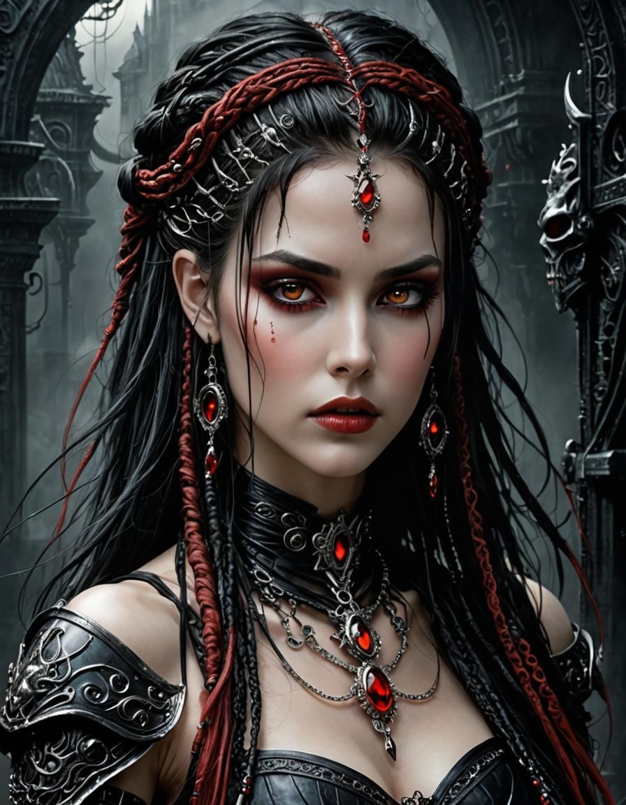 Ethereal Fantasy Woman with Crimson Braids in Biopunk Style