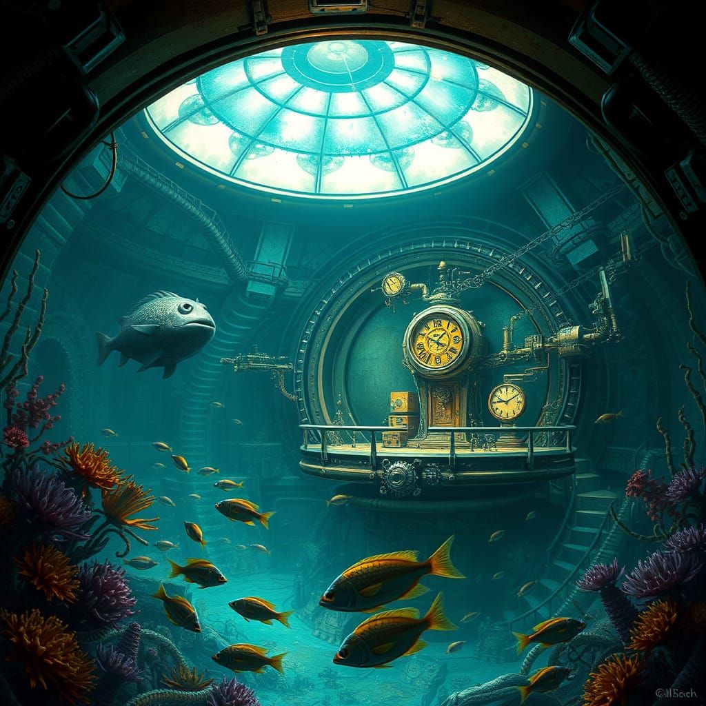 Steampunk Underwater Base in Bioluminescent Dome