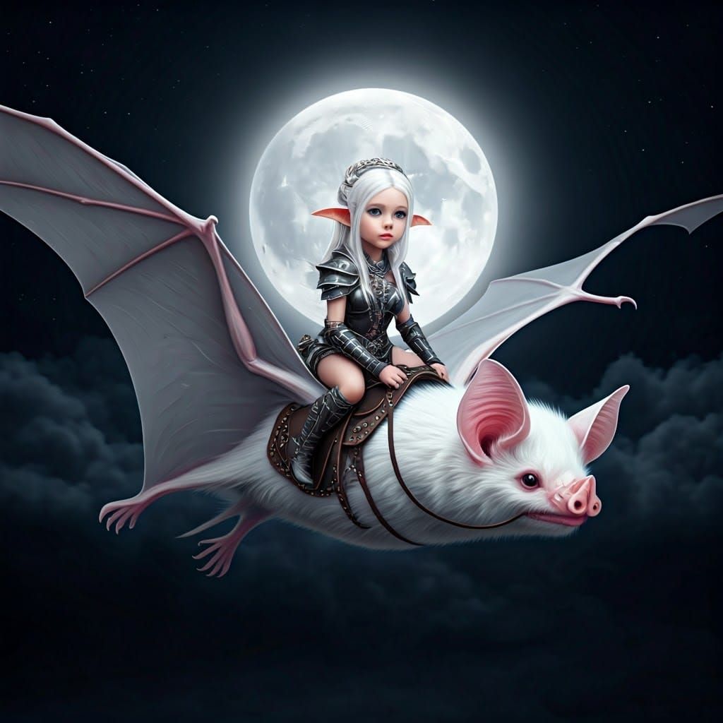 Elf Maiden on Albino Bat Soaring Under Moonlight