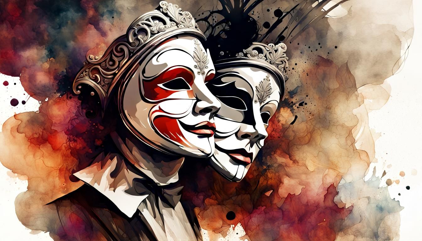 Comedy and Tragedy Masks in Watercolor Style