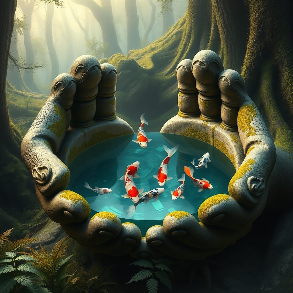 Mystical Koi Pond in Giant Hands