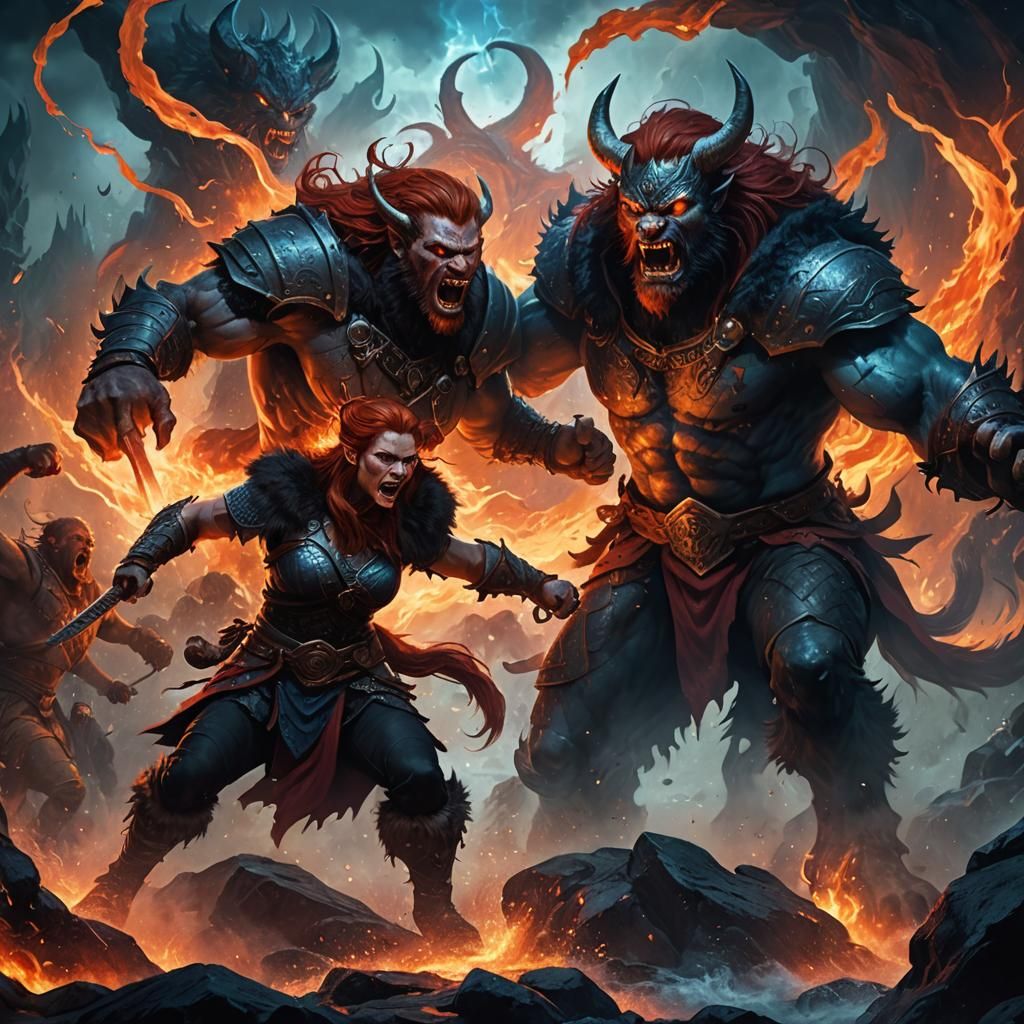 Viking Werewolf Warrior Fighting Demons in Hell