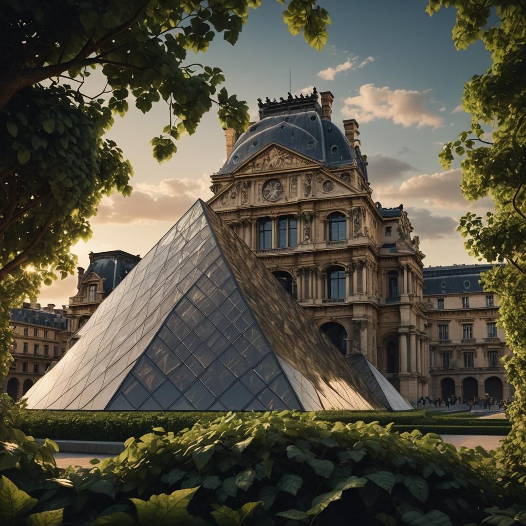 Louvre Pyramid Overgrown: Photorealistic Digital Rendering