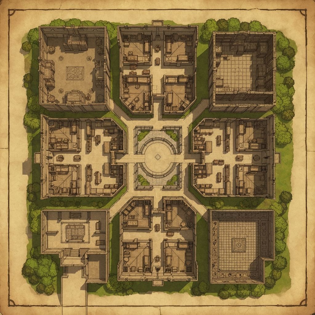 Detailed Medieval Dormitory Map in Aged Parchment Style