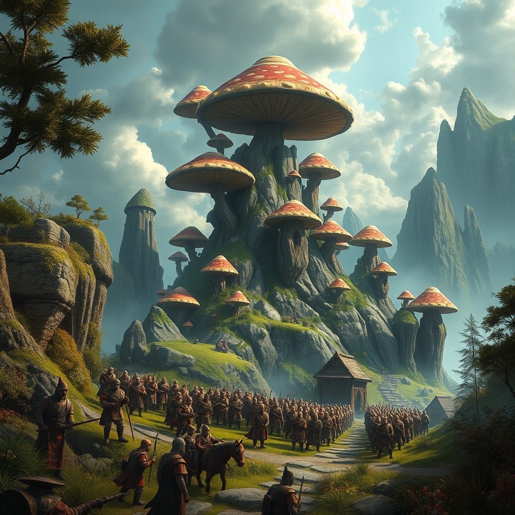 Epic Fantasy Realms: Dwarves Before Towering Fungal Monolith...