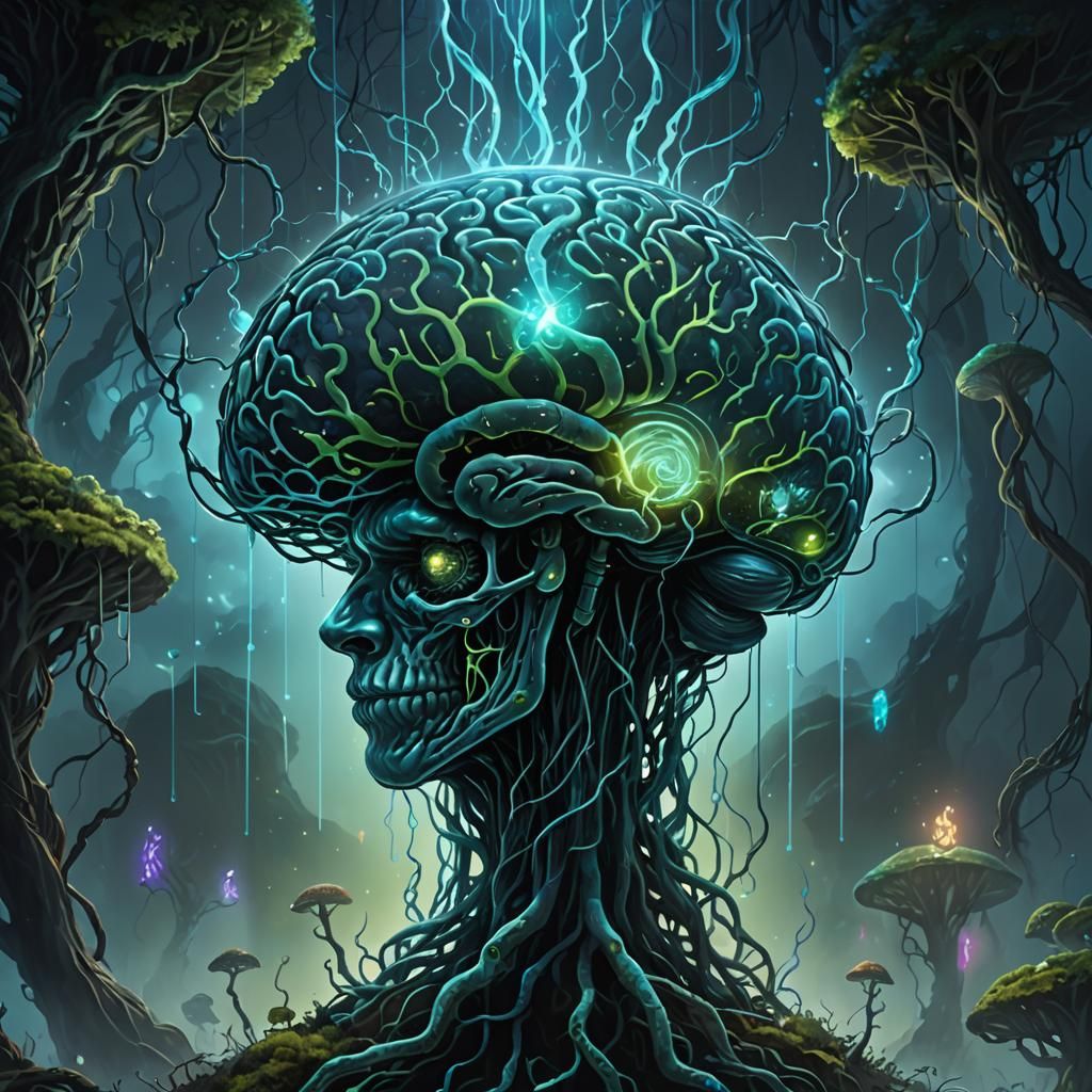 Glowing Brain in Glass: Dark Fantasy Concept Art
