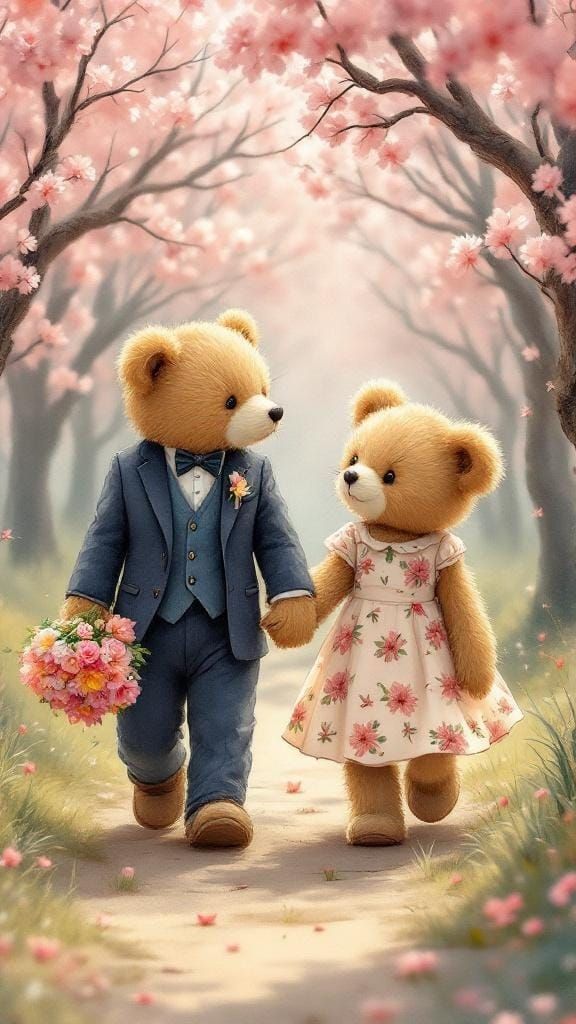 Teddies in Love: A Whimsical Blossom Tree Walk