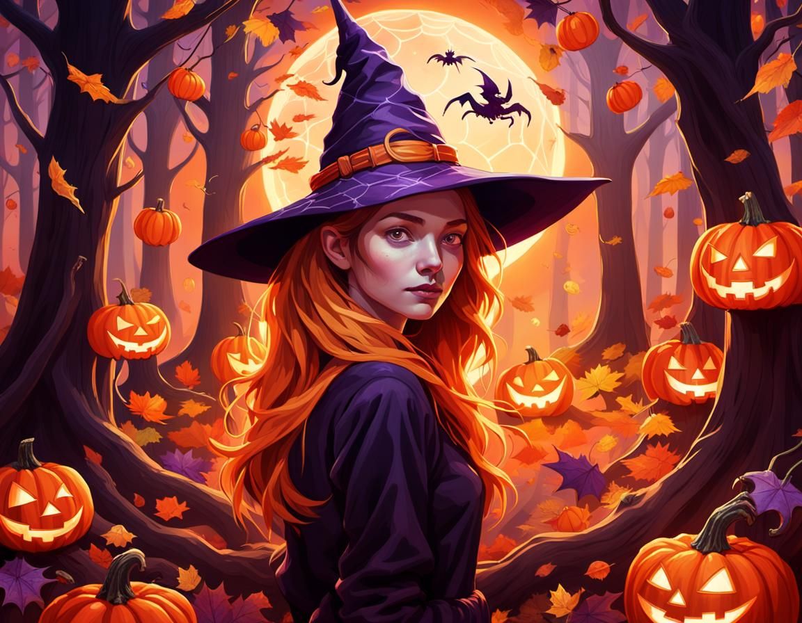 Woman in Witch Hat Surrounded by Jack-o-Lanterns