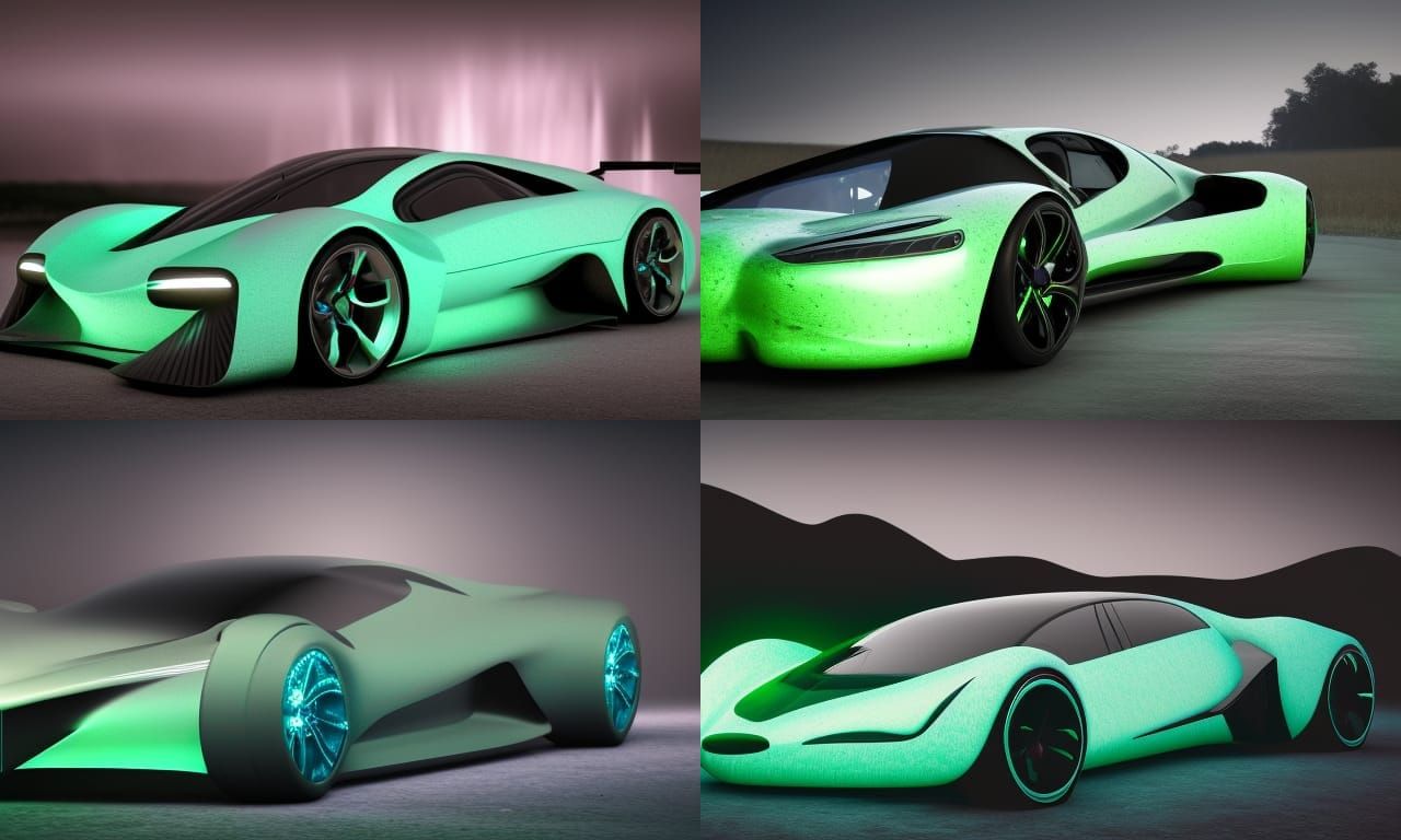 AI designed future supercar prototype; dark ambient; glassy black; glassy blue; demonic; terrifying; glowing; bioluminis...