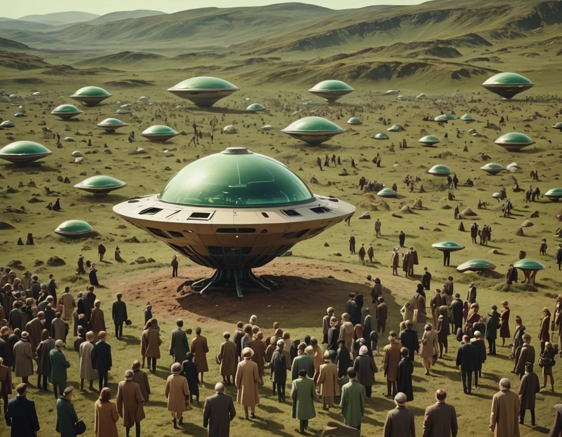 Retro Sci-Fi Crowd Gathers Around Alien Starships