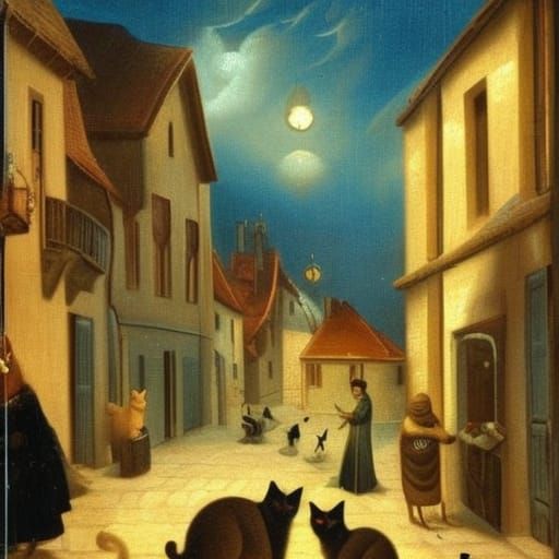Cats in Street at Night: 18th Century Oil Painting