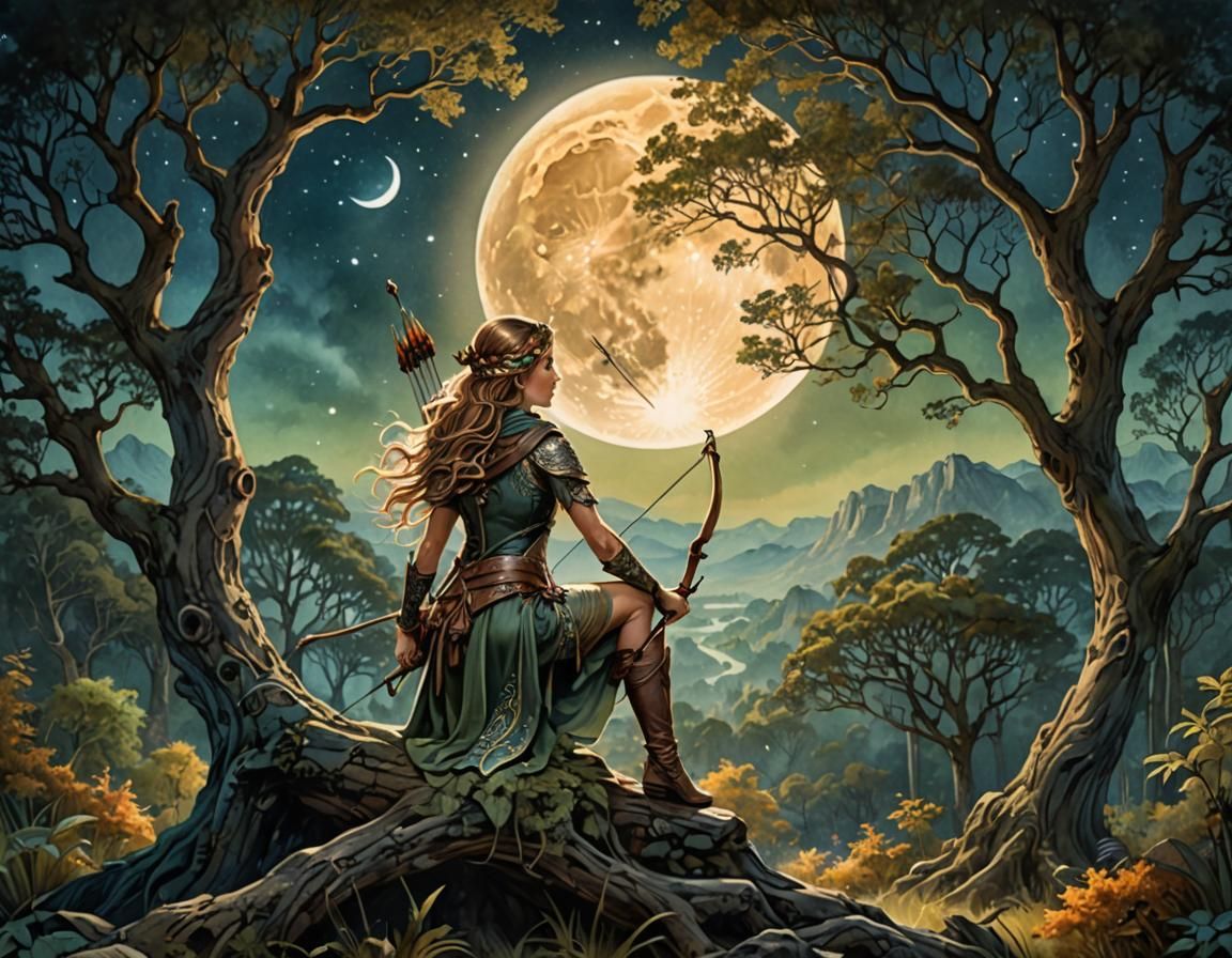 Bohemian Archer in Mystic Forest Watercolor Illustration