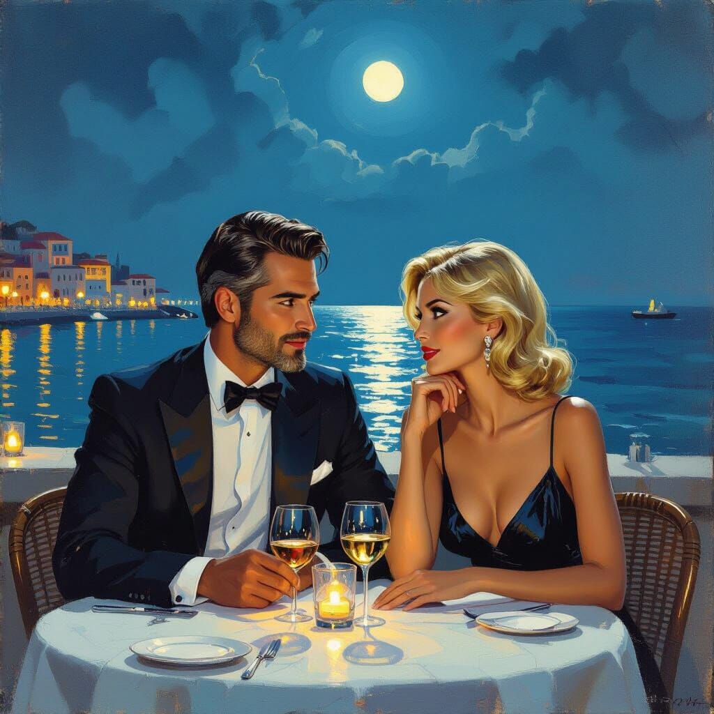 Elegant Couple at Seaside Bar, Photorealistic Style