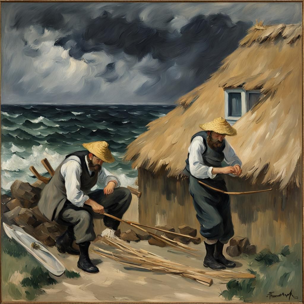 Stormy Sea Fisherman's House in Impressionist Style