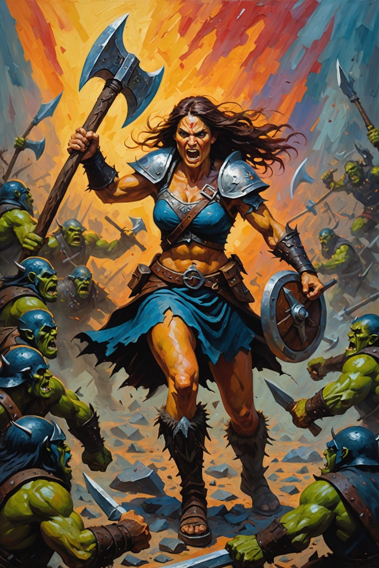 Barbarian Charging Orcs: Neo-Impressionist Oil Painting