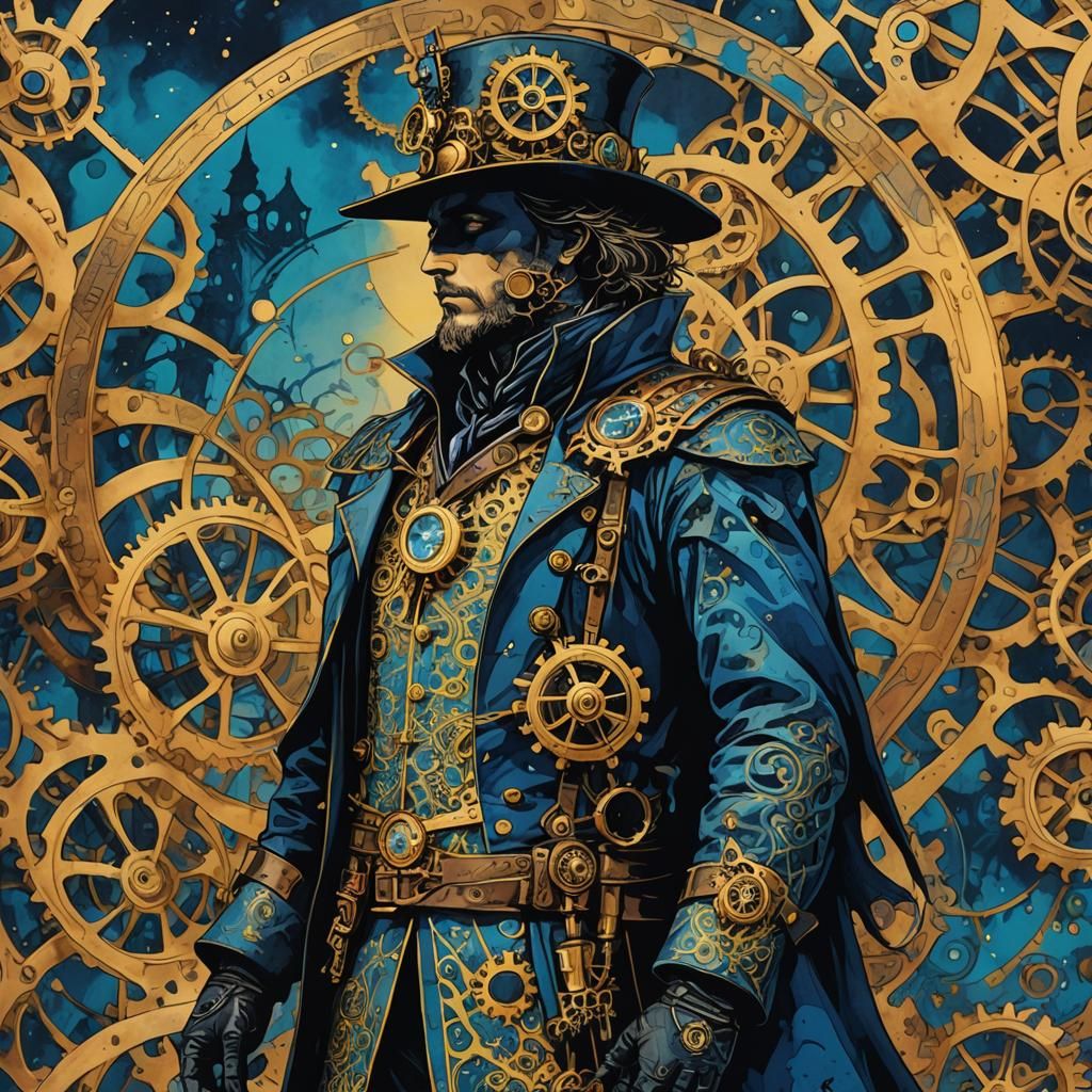 Steampunk Wizard Silhouette in Ink Painting Style