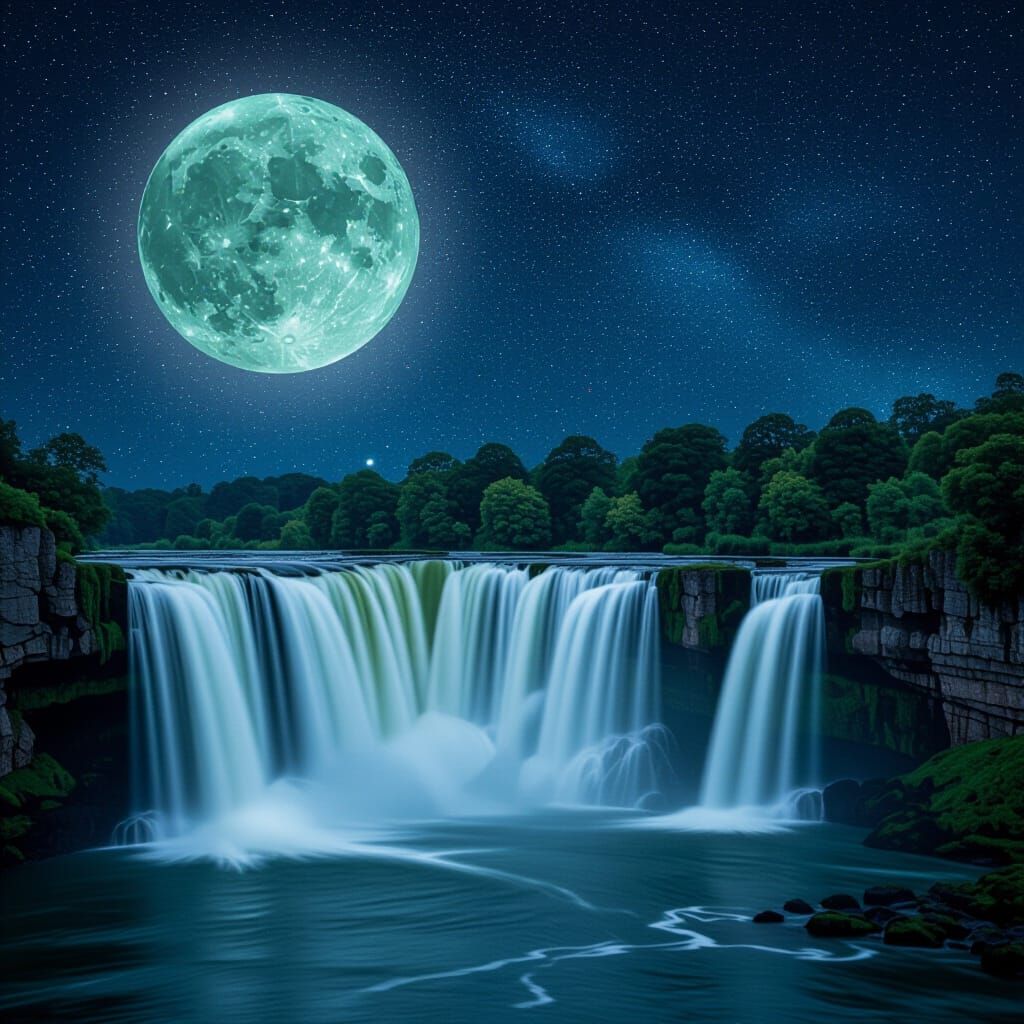 Picturesque Waterfall Under Green Moonlit Sky