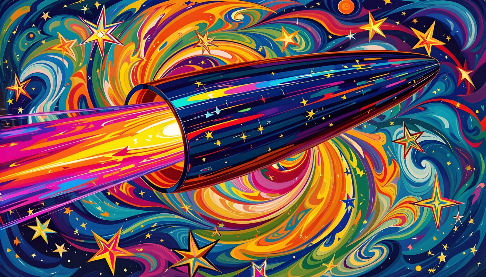 Metallic Cylinder Soaring Through a Colorful Cosmos