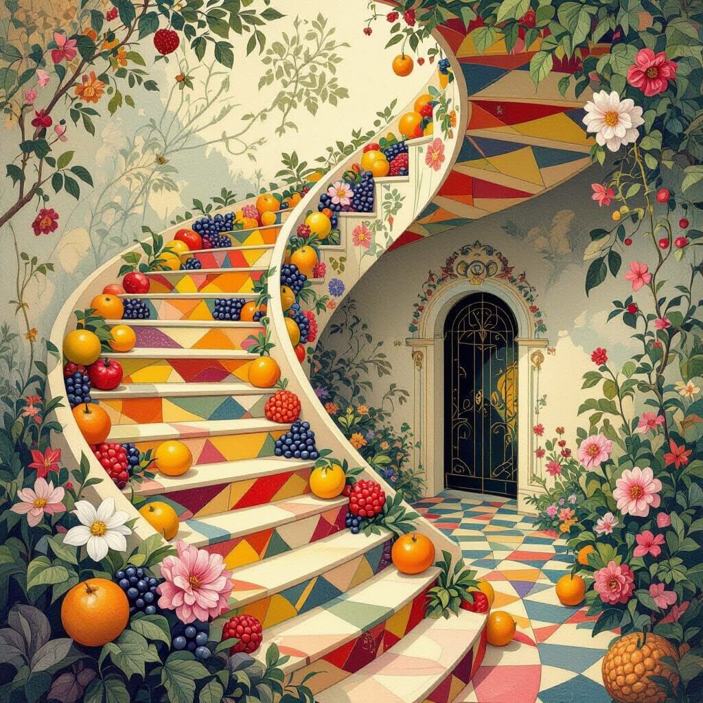 Infinite Fruit and Flower Staircase in Escher Style