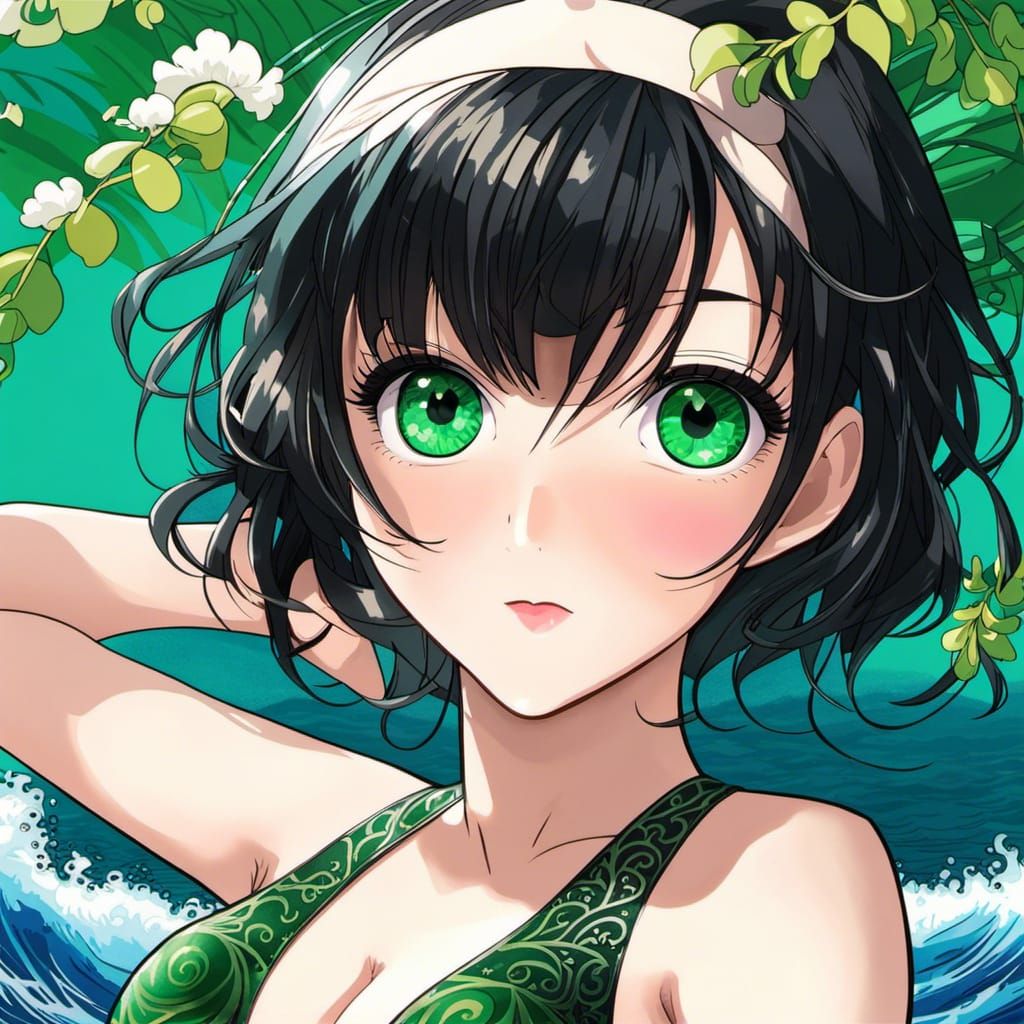 Anime Portrait: Woman with Emerald Eyes by the Ocean
