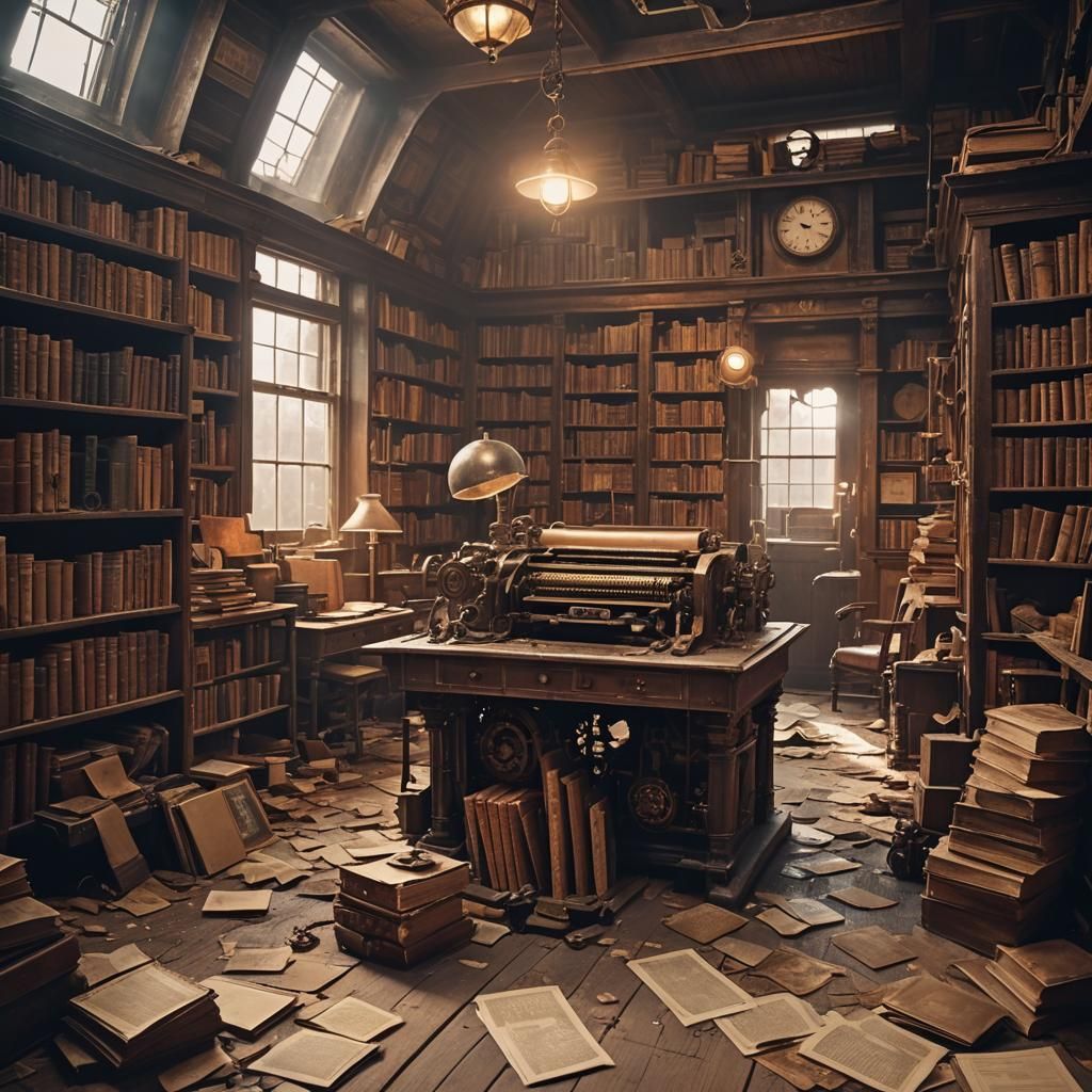 Steampunk Library with Tattered Books and Clockwork Mechanis...