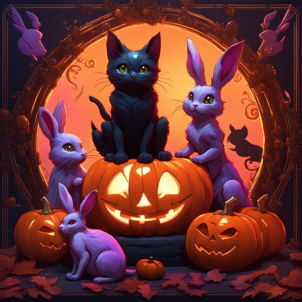 Festive Jack-O'-Lantern: Cat and Rabbits in Fantasy Art