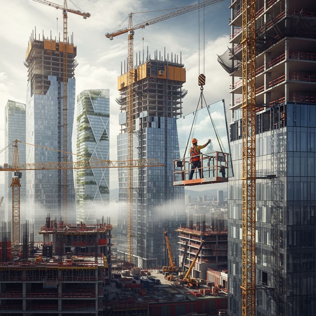 Construction Worker Installing Glass on Highrise Building