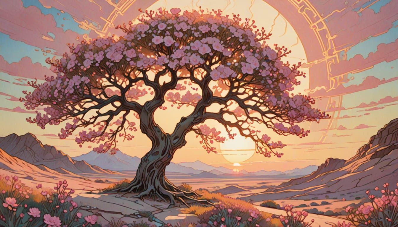 Solitary Tree Blooms in Mineral Desert Sunrise