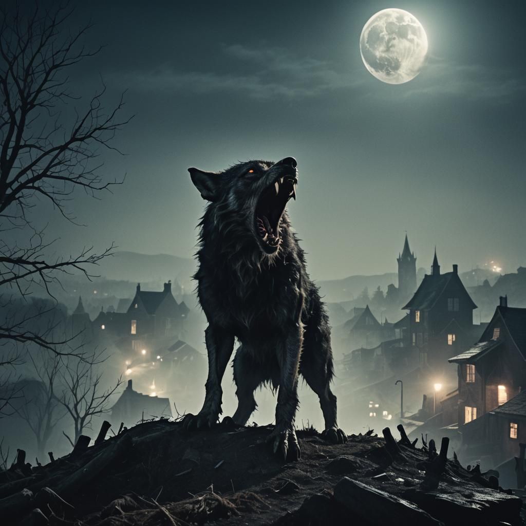 Werewolf Howling on Moonlit Hill in Expressive Realism