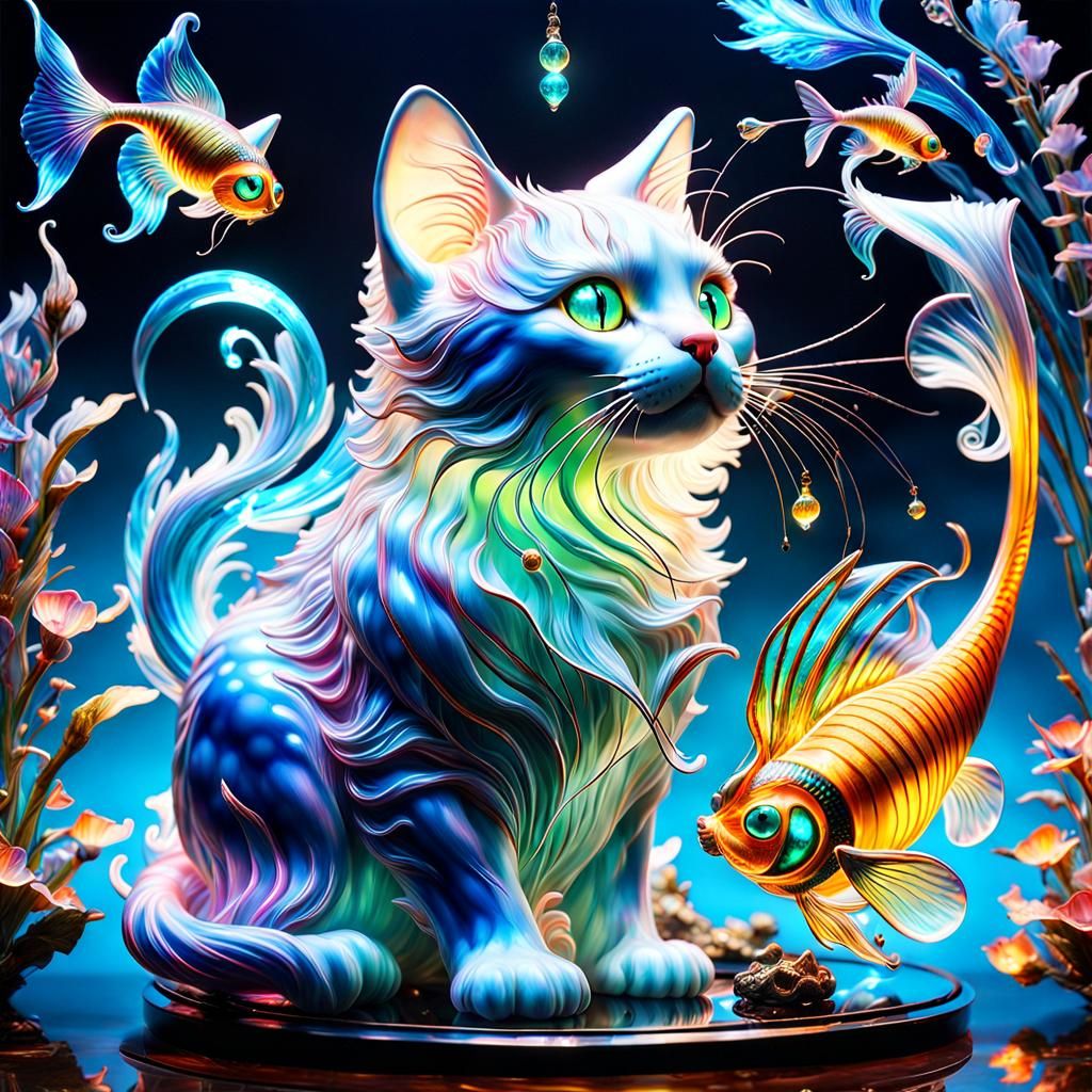 Bioluminescent Glass Cat Catches Fish: Fantasy Artwork