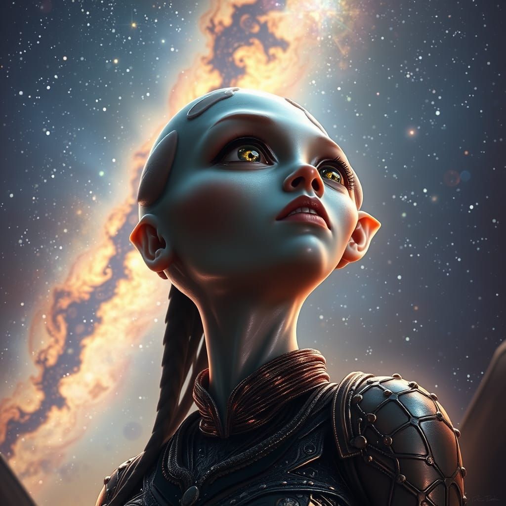 Alien Woman Gazing at Cosmic Stars