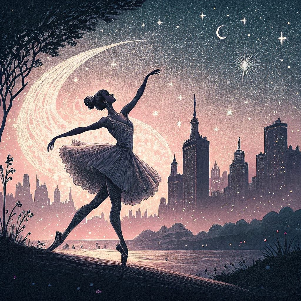 Ballerina Silhouette Dancing in Halftone Ink Cityscape