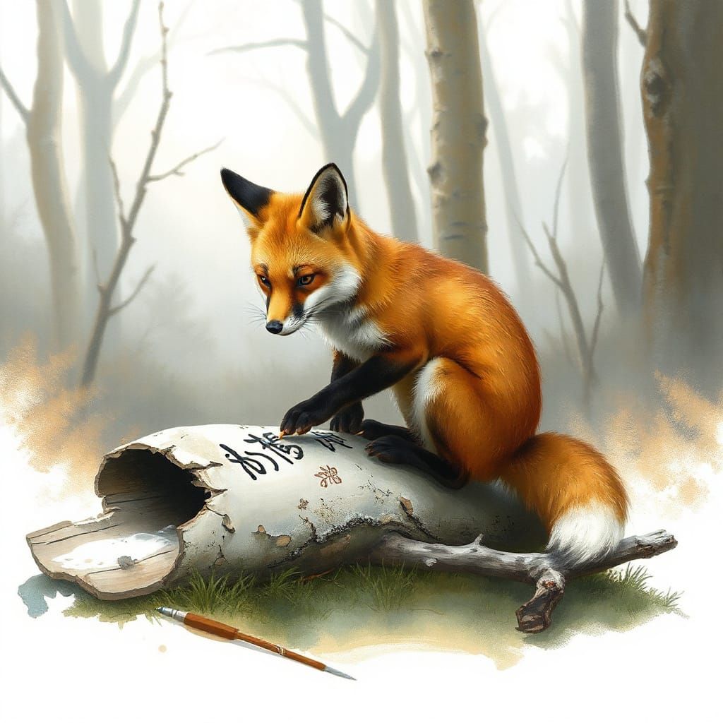 Shy Fox Practices Calligraphy in Misty Forest