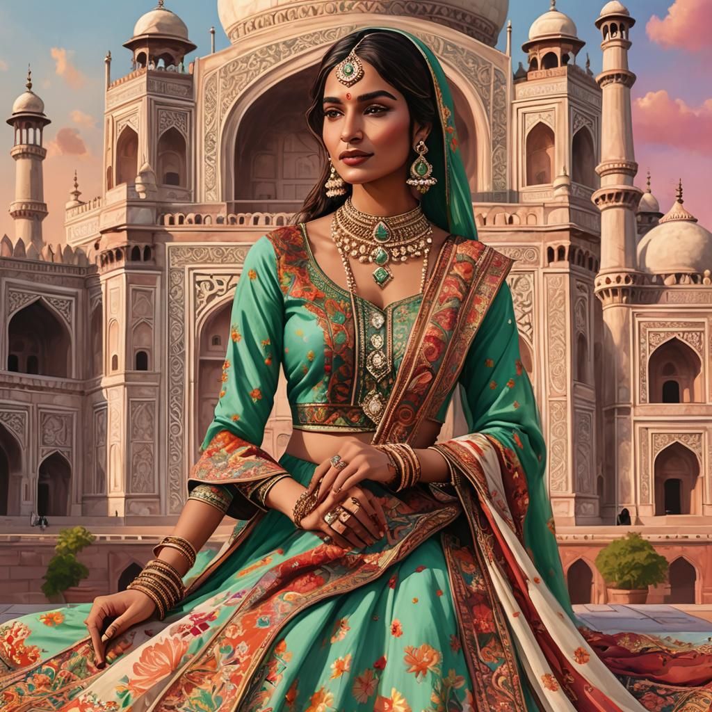 Indian Model in Ethnic Clothing with Taj Mahal Backdrop