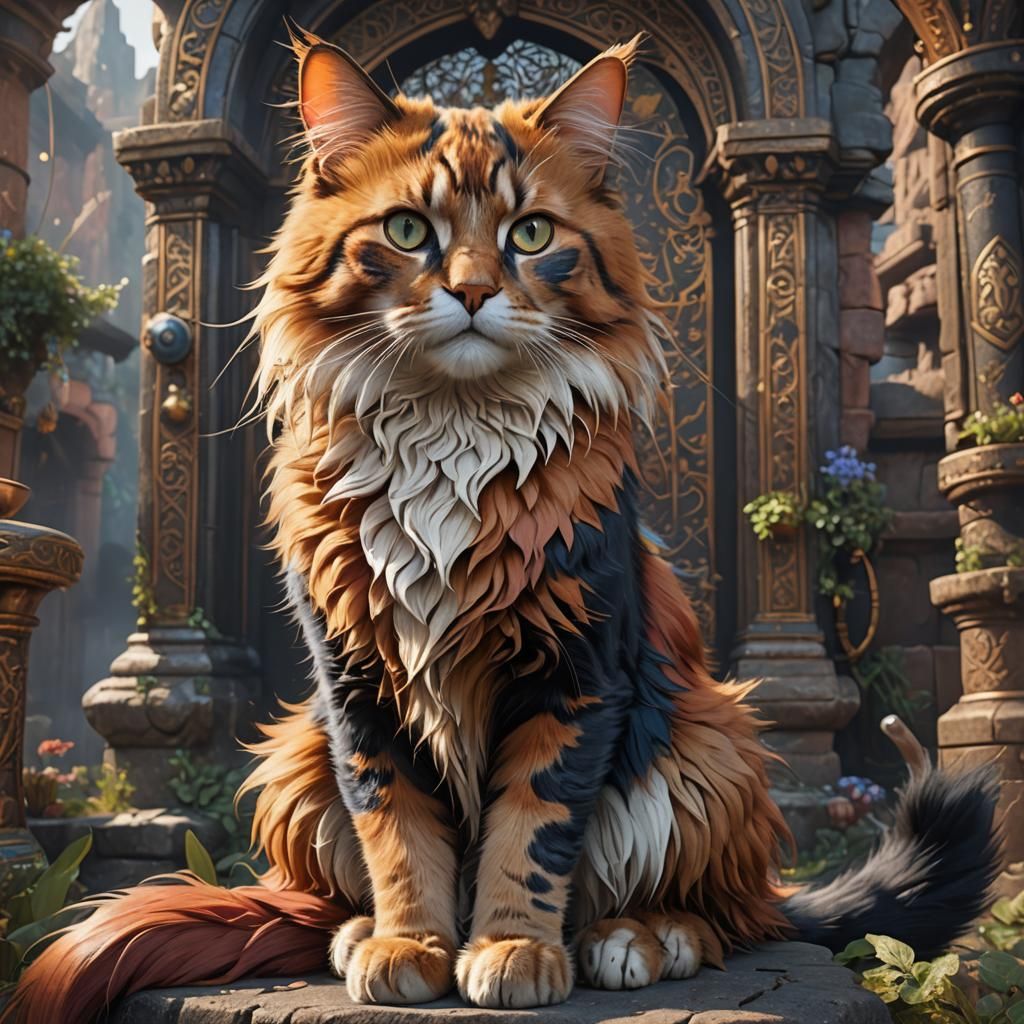Calico Maine Coon Cat Sitting: Fantasy Concept Art