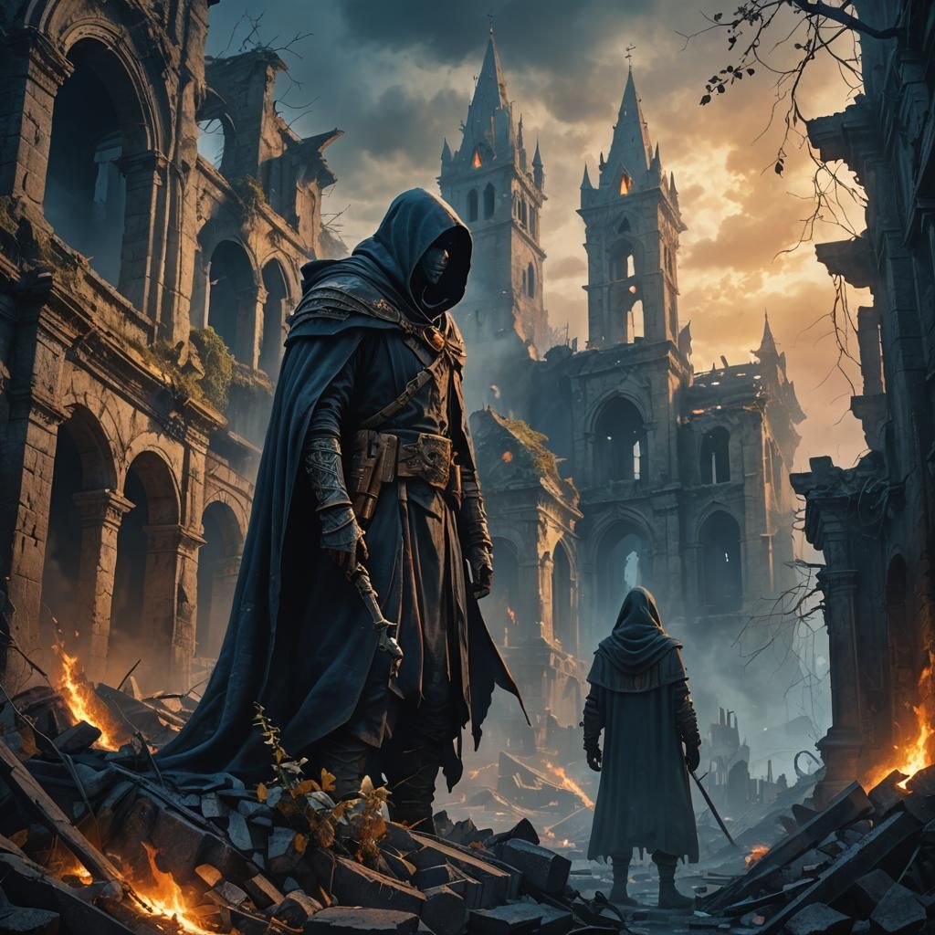 Menacing Figure in War-Torn City: Dark Fantasy Art