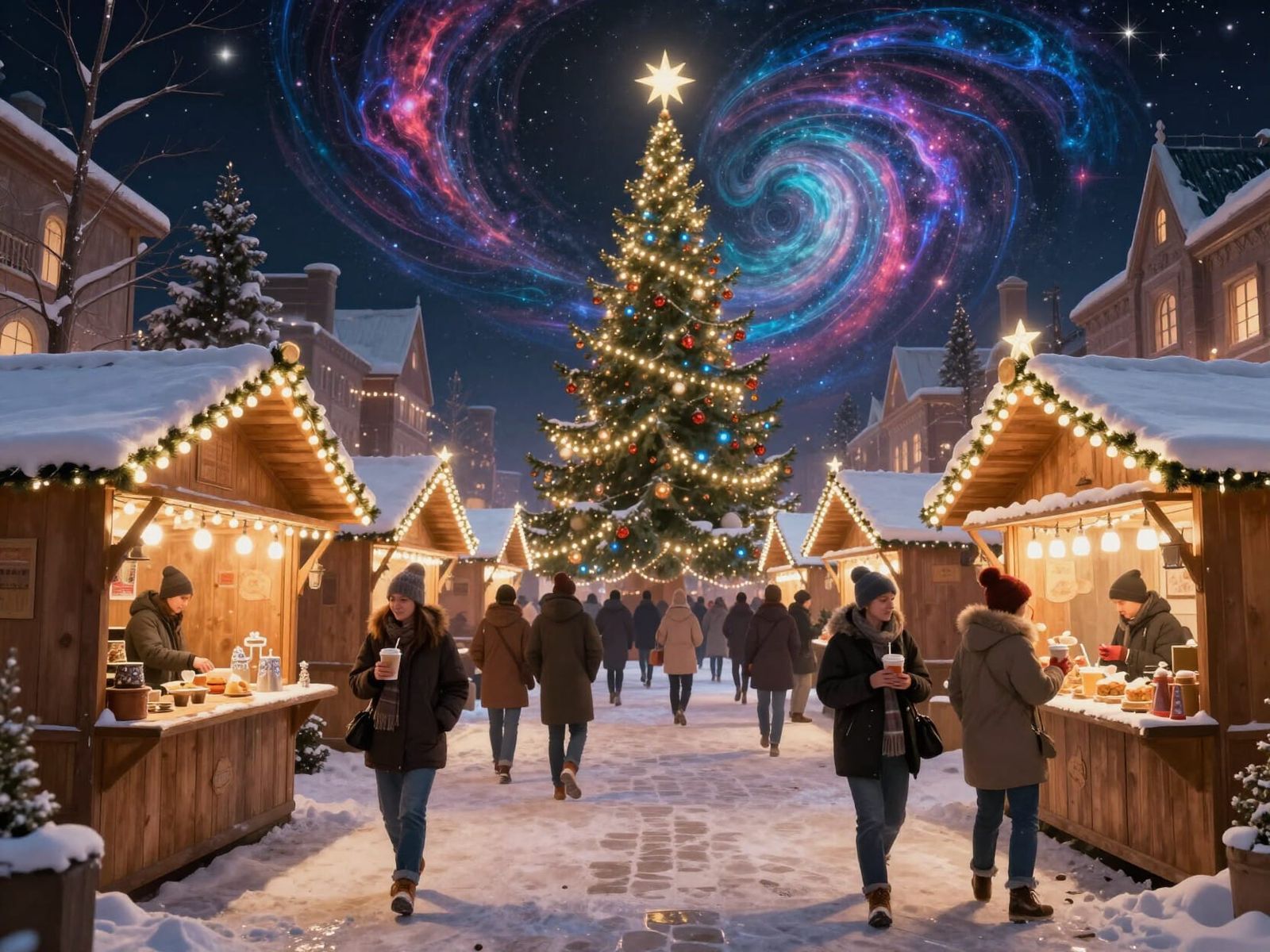 Magical Christmas Market at Night with Cosmic Art Style